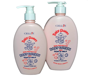 This product CELLIZ Baby sweet baby lotion with goats milk with vitamin E and aloe vera. Extra mild and gentle onto baby skin. Act as baby skin protector all day long.